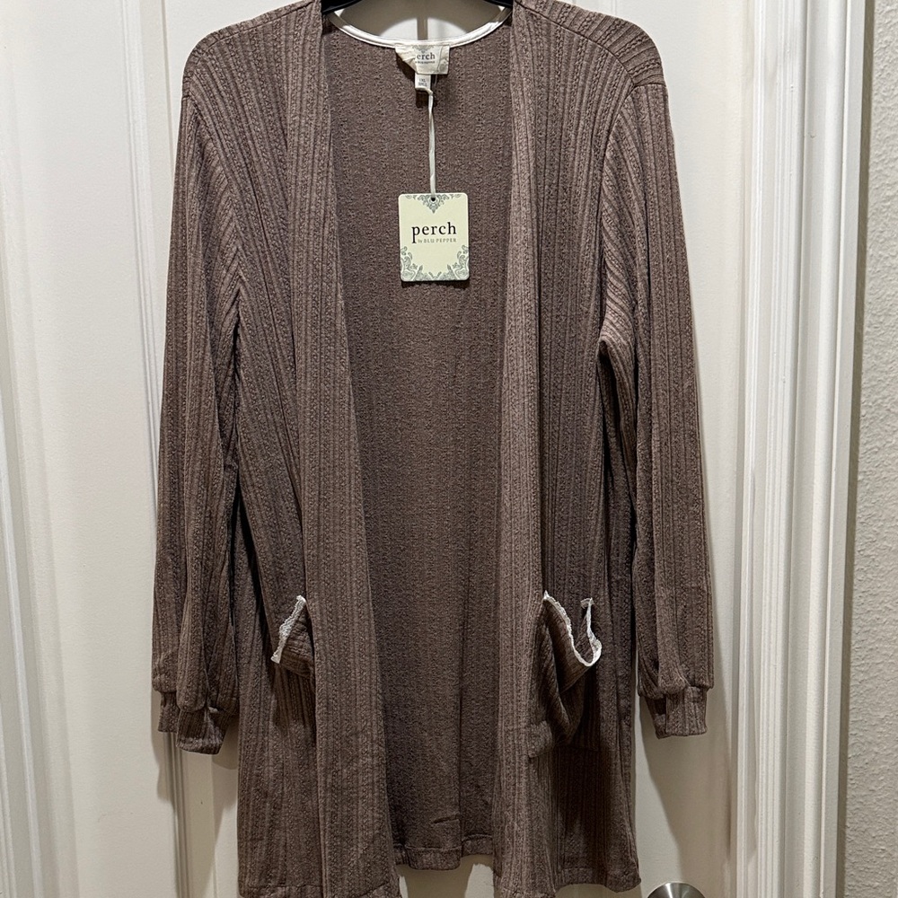 Perch NWT Long sleeve Open-Front Ribbed Cardigan with pockets in Taupe XL